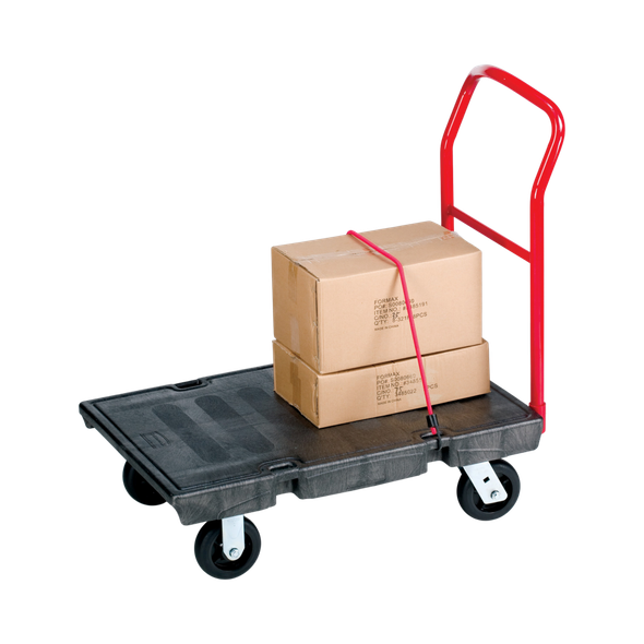 Rubbermaid Heavy‑Duty Platform Truck carrying cardboard boxes secured with a strap