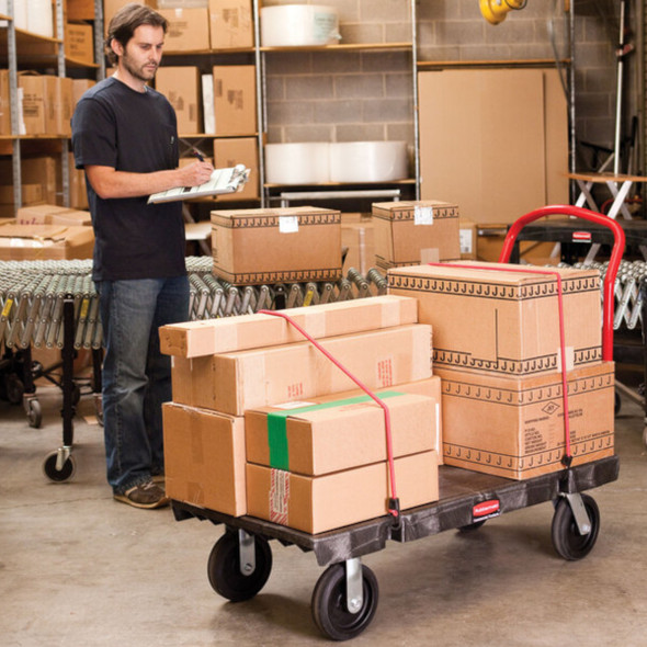 Rubbermaid Heavy-Duty Platform Truck Loaded with Boxes Secured with a Bungee Cord