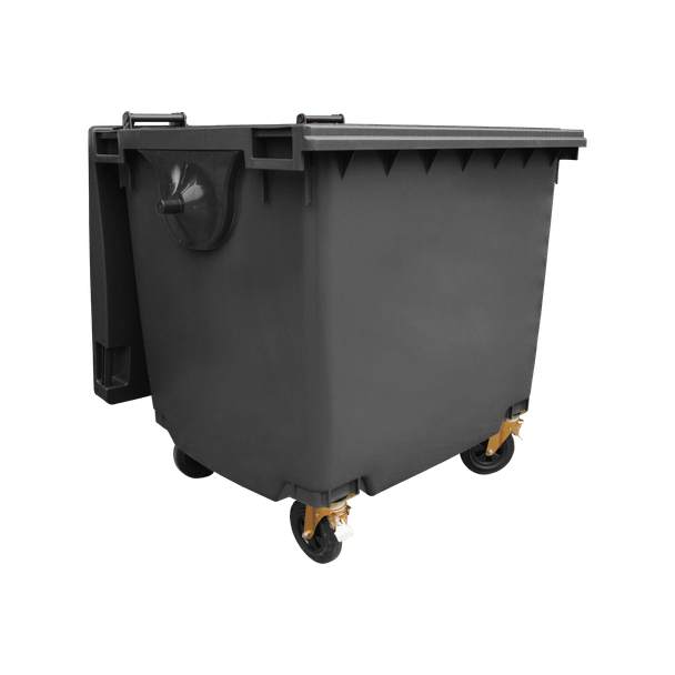 Black Wheelie Bin - 1100 Litre - Front View Right Offset Lid Open