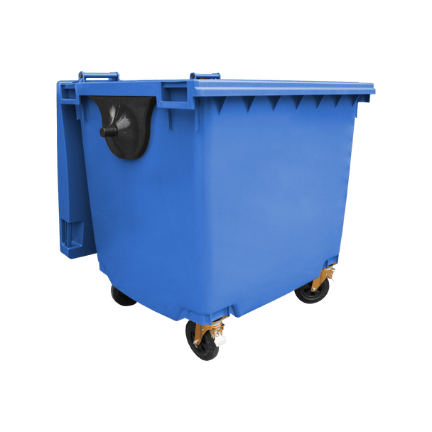 Blue Wheelie Bin - 1100 Litre - Front View Right Offset Lid Open