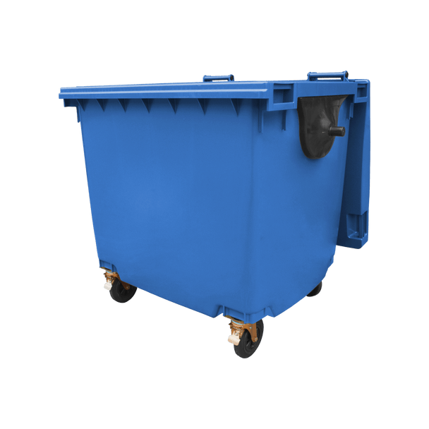 Blue Wheelie Bin - 1100 Litre - Front View Left Offset Lid Open