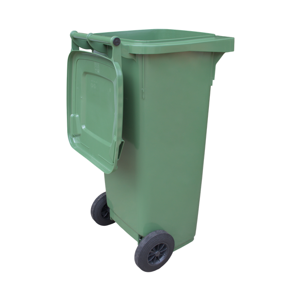 Rear of Green 140 Ltr Wheelie Bin with Lid Open
