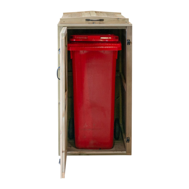 Chatburn Single Wheelie Bin Store - Door Open with Red Wheelie Bin Inside
