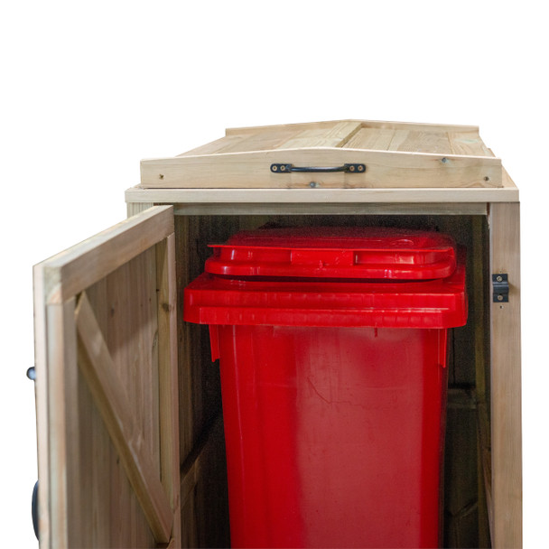 Chatburn Single Wheelie Bin Store - Roof Detail with Door Open and Red Wheelie Bin Inside
