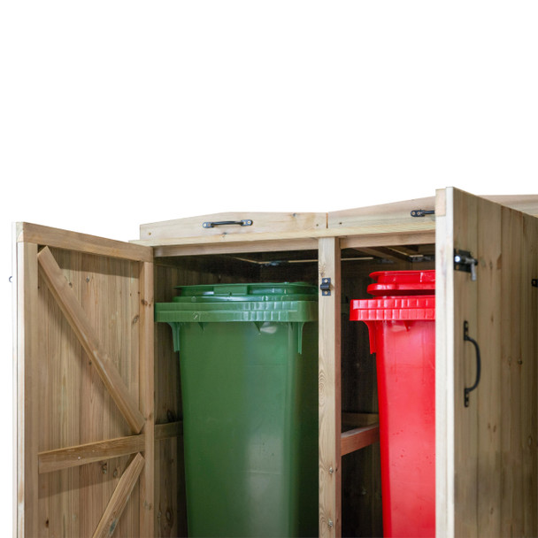 Chatburn Single Wheelie Bin Store with Doors Open Revealing a Green & Red Wheelie Bin