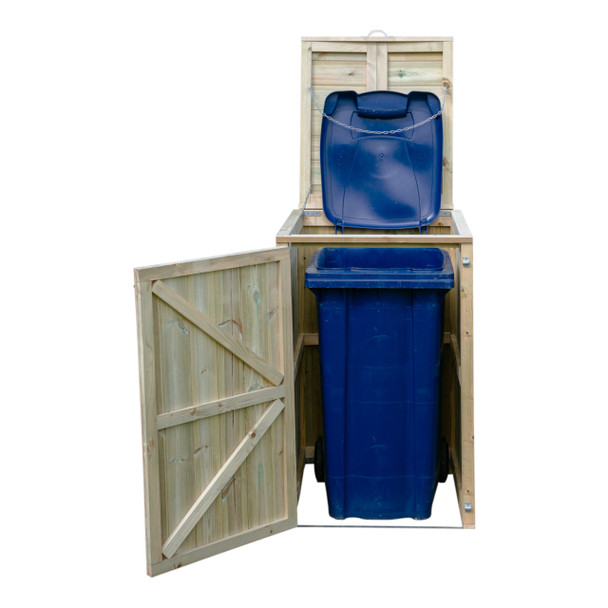 Shireburn Single Wheelie Bin Store - Front Facing with Door and Lid Open Revealing a Blue Bin