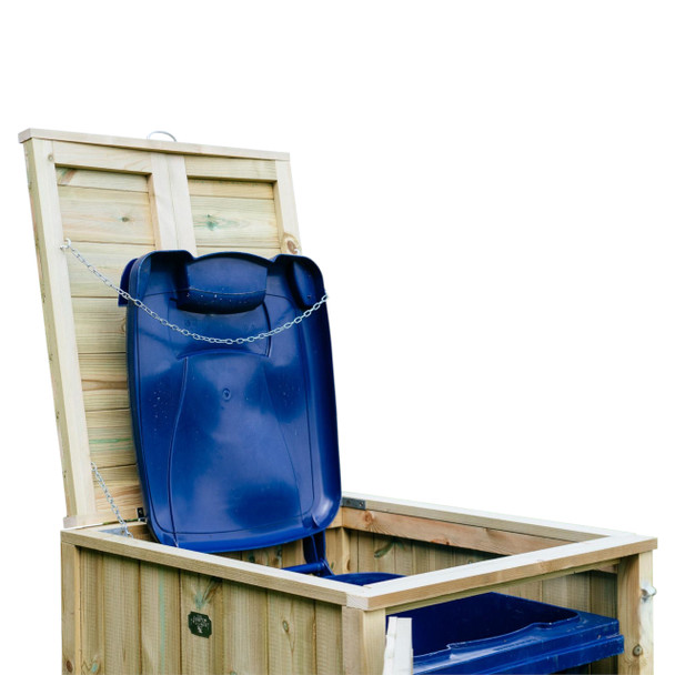 Shireburn Single Wheelie Bin Store - Lid Open Revealing a Blue Bin