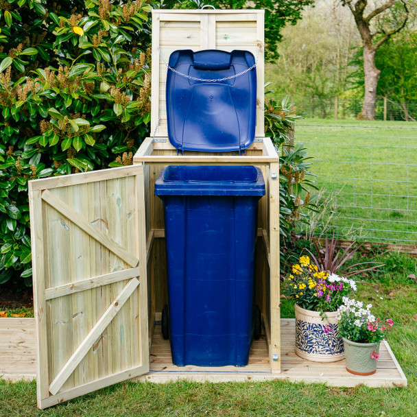 Shireburn Single Wheelie Bin Store  Situated on Wooden Decking in Gardern with Lid & Door Open Revealing Blue Bin