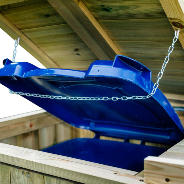 Shireburn Double Wheelie Bin Store - Close-Up of Lid Chain that Facilitates Opening of Store and Bin at Same Time