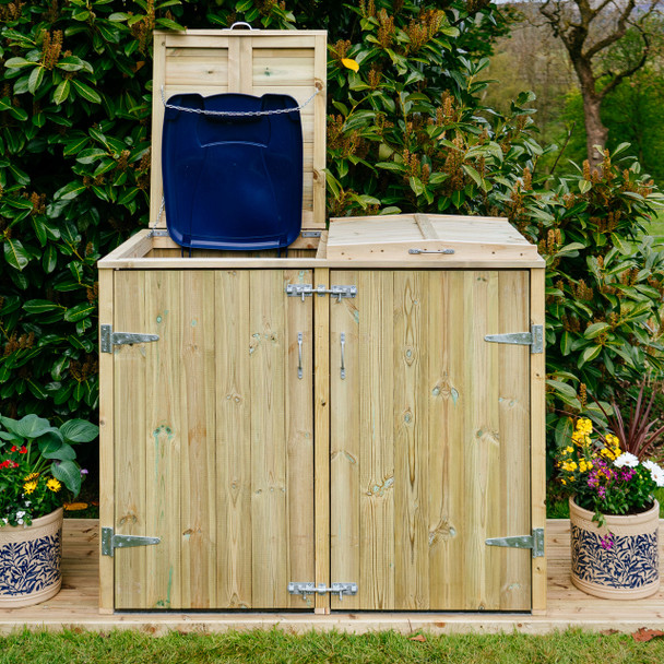 Shireburn Double Wheelie Bin Store - Situated on Decking in Garden with Left Store Lid Open Along with Bin Lid