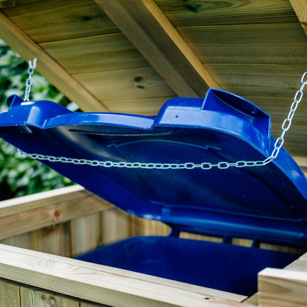 Shireburn Double Wheelie Bin Store - Situated in Garden with Store Lid Lifted Along with bin Lid Thanks to Chain