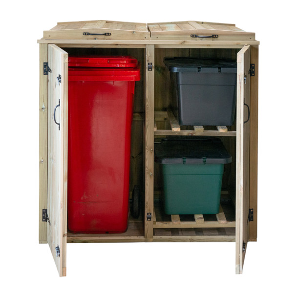 With Doors Open Revealing a Red Wheelie Bin on the Left and Recycling Boxes on Shelves on the Right