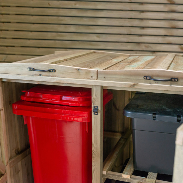 Close-Up of Store with Doors Open Showing a Red Wheelie Bin & Black Recycling Box when Situated in Garden