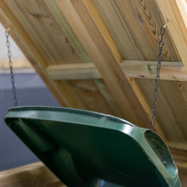 Store in Garden with Lid Lifted Showing Chains that Lift Bin Lid at the Same Time