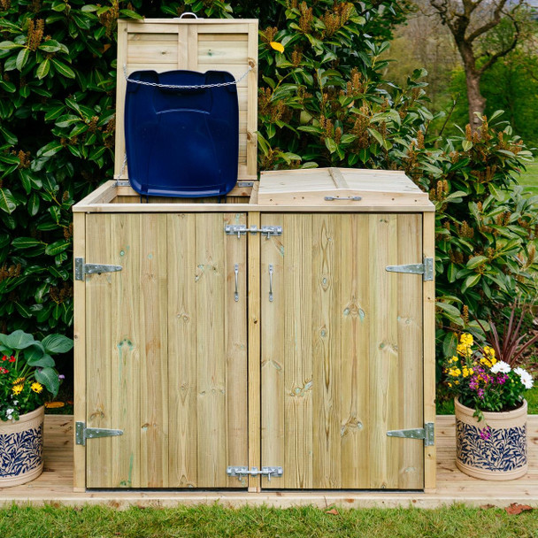 Situated in a Garden on Decking with Left Lid Open Revealing a Blue Bin Lid