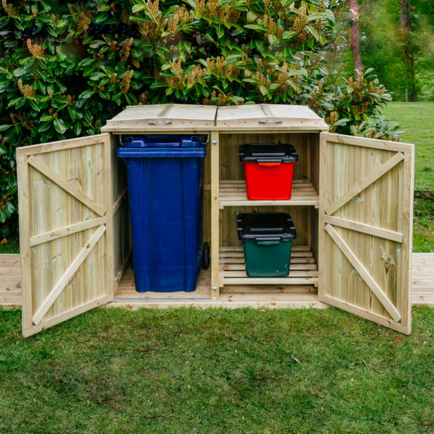 Situated in a Garden on Decking with Both Doors Open Revealing a Blue Wheelie Bin and Red and Green Recycling Boxes