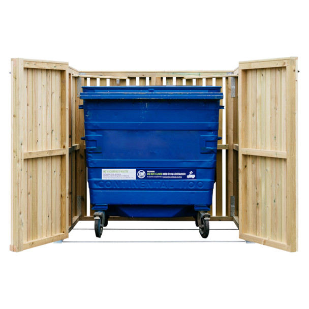 WC-1100L-TGV - Whalley Commercial Wheelie Bin Store - 660 Ltr & 1100 Ltr - Double Doors Open Showing Blue 1100L Bin