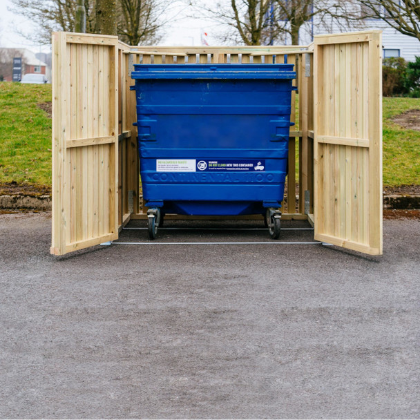 WC-1100L-TGV - Whalley Commercial Wheelie Bin Store - 660 Ltr & 1100 Ltr - On Tarmac with Doors Open and Containing a Blue 1100L Bin