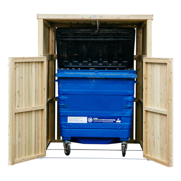 Whalley Commercial Wheelie Bin Store with Roof - 660 Ltr & 1100 Ltr - Doors Open with Blue 1100L Bin Inside
