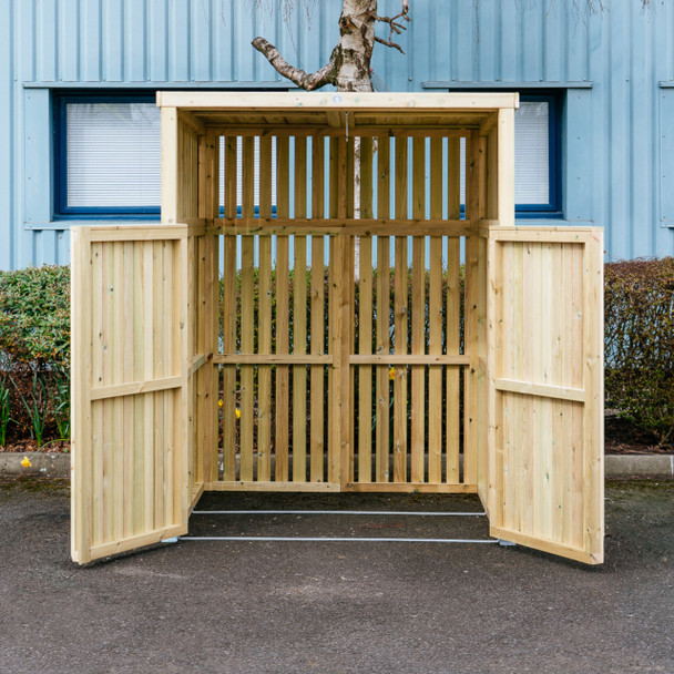 Whalley Commercial Wheelie Bin Store with Roof - 660 Ltr & 1100 Ltr - On Tarmac with Doors Open