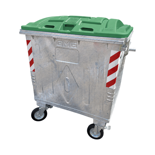 Metal Wheelie Bin with Side-Mounted Forklift Pockets - 1100 Ltr - Green Lid - GBWB1100GRN