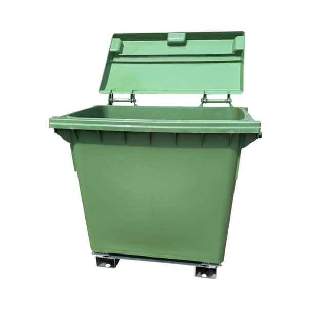 Static Forklift Waste & Recycling Bin - 660L - Green with Lid Open