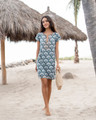 HIHO Caribbean Short Sleeve Rachel Linen Dress in Indigo Fan Print
