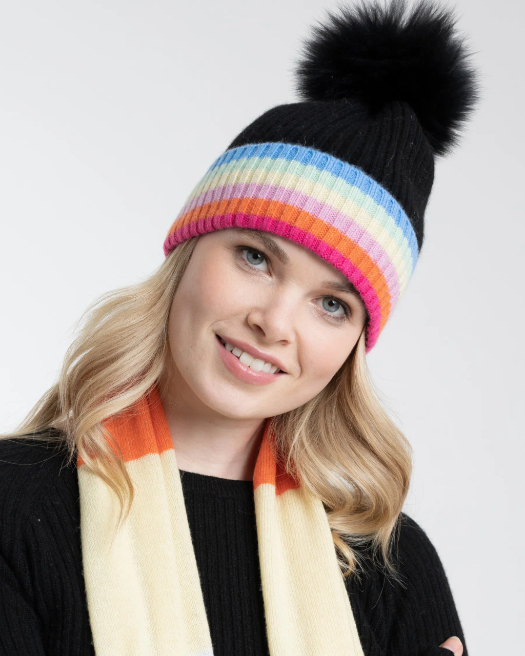 Cashmere Rainbow Tipped Hat w Fox Pom - Ebony Combo