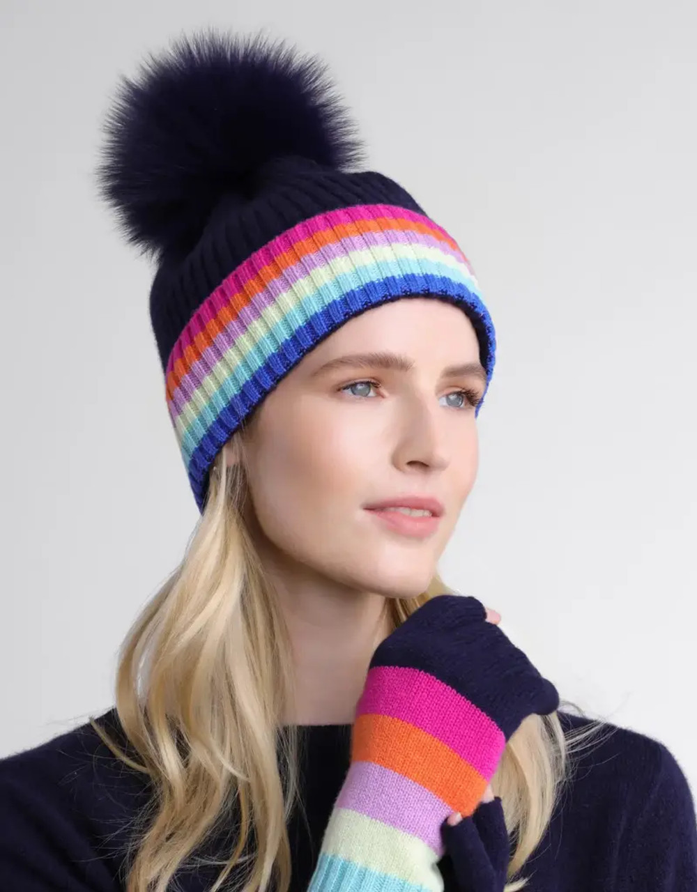 Cashmere Rainbow Tipped Hat w Fox Pom - Indigo Combo