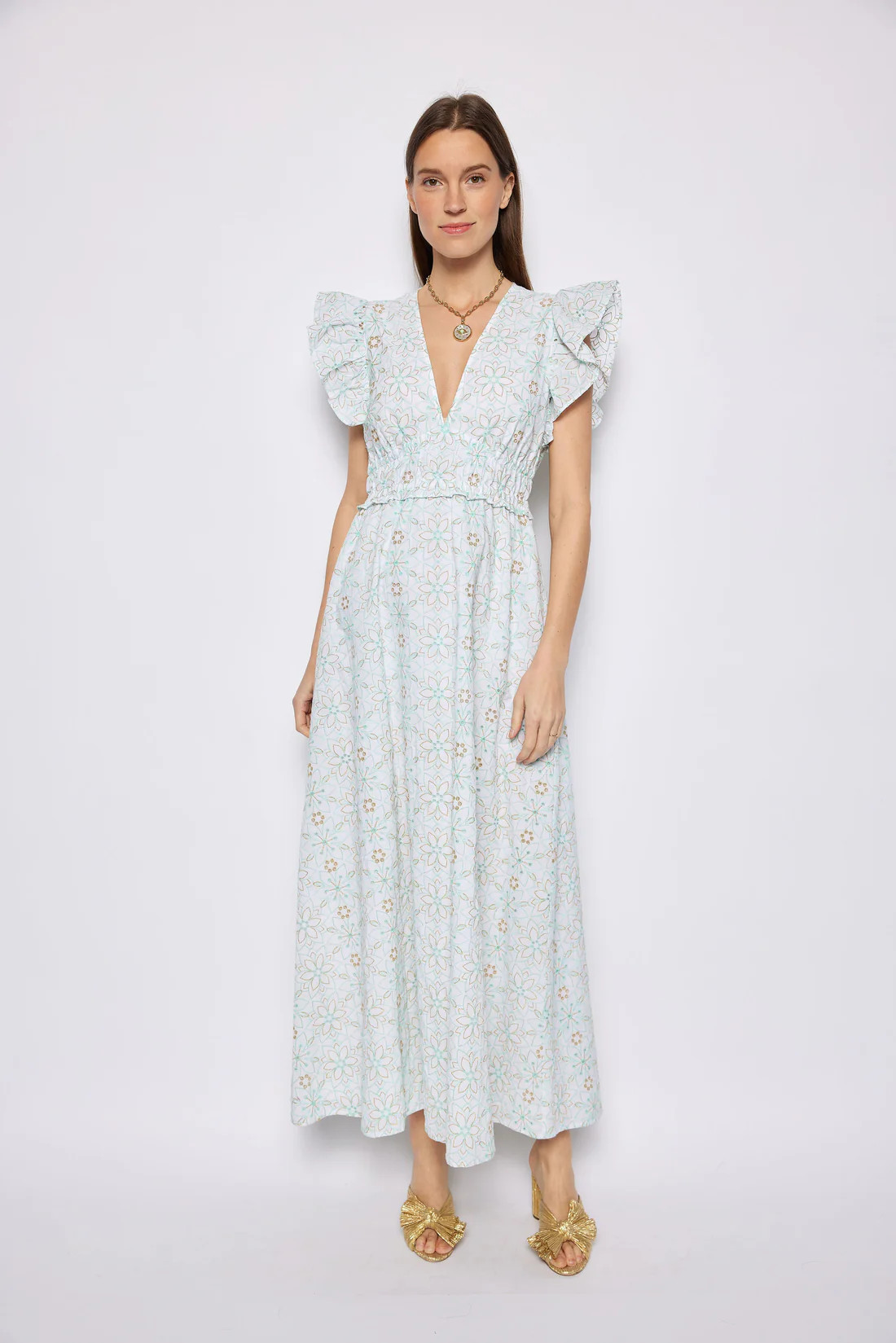 Cabbage & White Eyelet V-Neck Flutter Sleeve Maxi Dress Cabbage Eyelet M