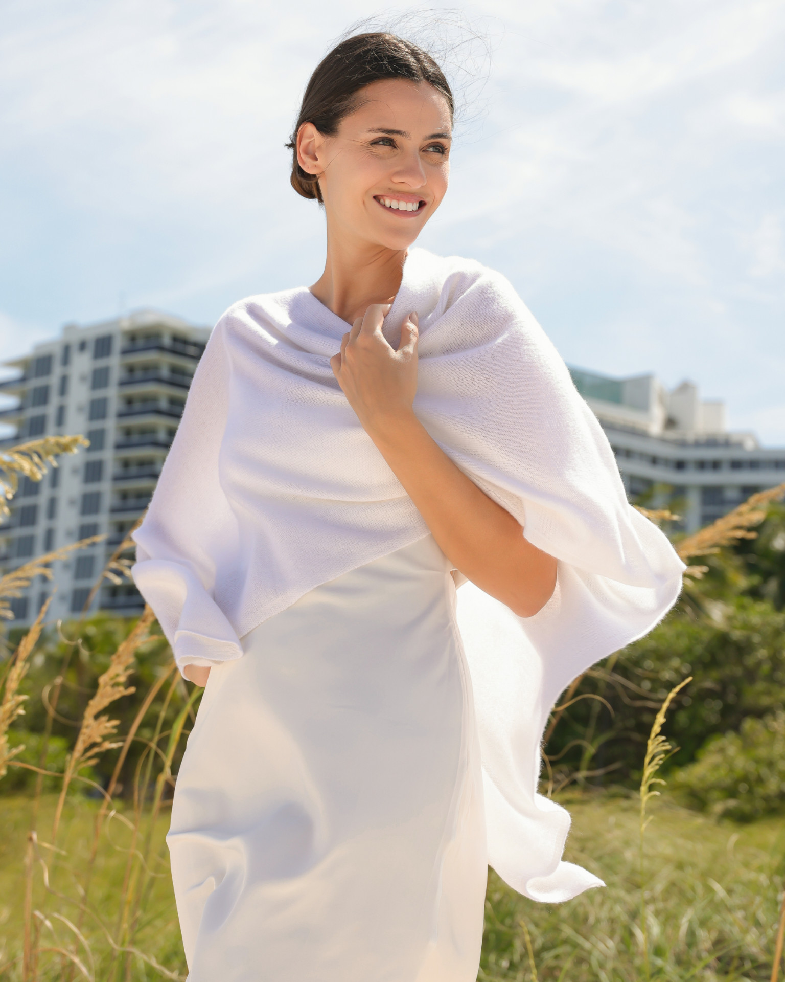 White Cashmere Draped Dress Topper White Cashmere Draped Dress Topper