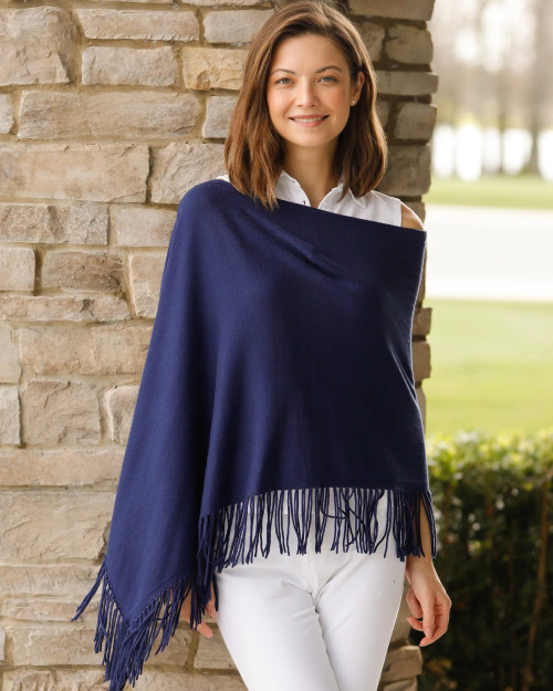 Alashan Cashmere Cotton Cashmere Fringe Topper Poncho in Midnight