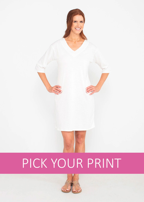 Whimsy Rose Drop Shoulder 3/4 Sleeve V-Neck Dress Make your own custom top with over 150 Prints 