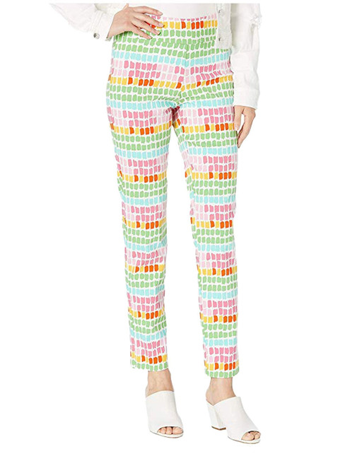 Krazy Larry Pull-on Ankle pants in white with multi colored boxes print. 