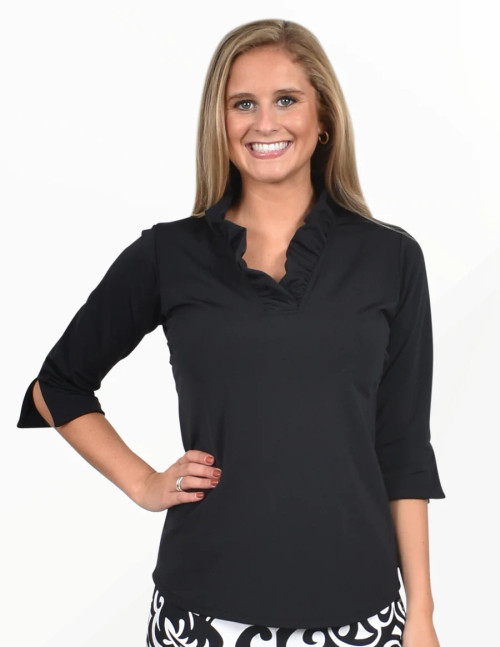 Southwind Apparel UPF 50  3/4 Sleeve Ruffle Top in Black made in the USA