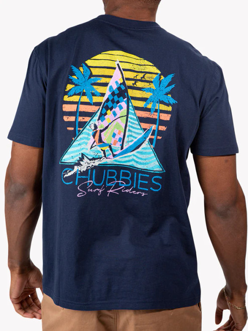 Chubbies The Main Sail Short Sleeve T-Shirt in Navy Featuring a windsurfer and palm tree graphic on back 