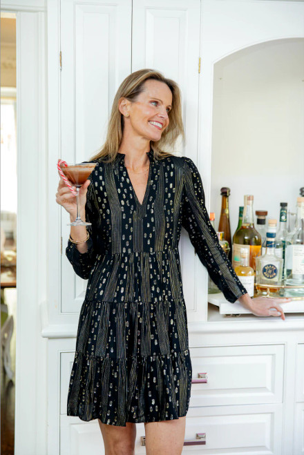 Sail to Sable's Black & Gold Lurex Long Sleeve Tunic Flare Dress