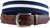 Belted Cow Classic Stripe Leather Tab Belt with a white stripe along a navy blue background