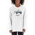 Female wearing the Chatham Ivy Surf Dogs Long Sleeve Unisex T-Shirt features a Blue Jeep with 2 dogs, one on top of the jeep laying on a surfboard