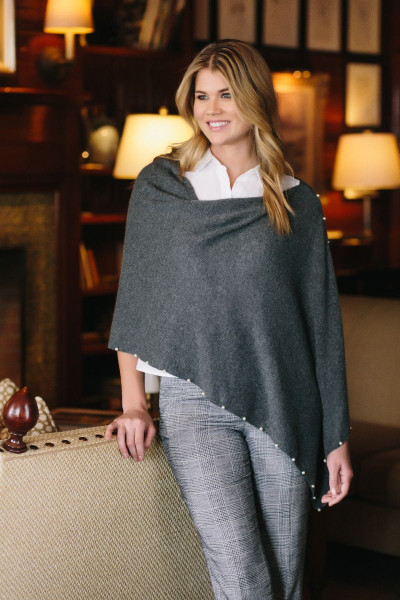 The Pearl Trim Claudia Nichole cashmere topper in Graphite