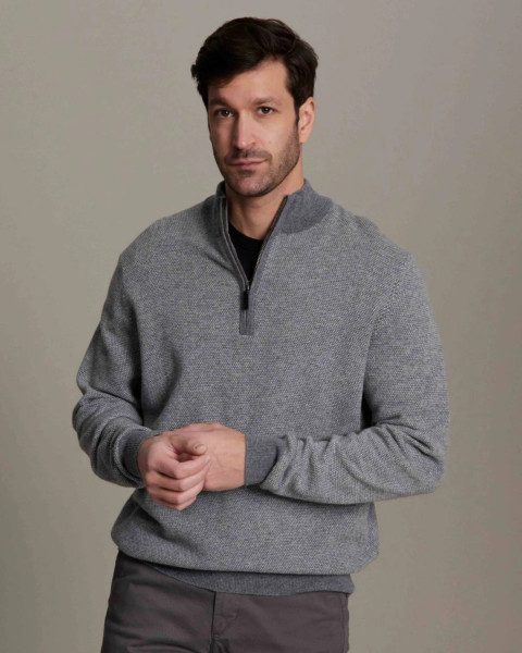 Alashan Cashmere Merino Wool Birdseye 3/4 Zip Mock Neck Pullover Sweater