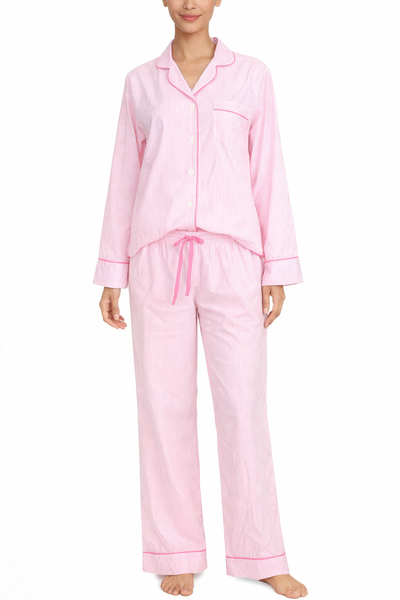 Needham Lane Women's Pink Seersucker Cotton Long Sleeve Pajamas