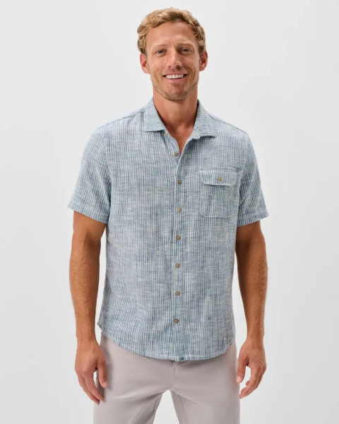 Johnnie-O Ennis Indigo Dyed Stripe Short Sleeve Button Down Shirt