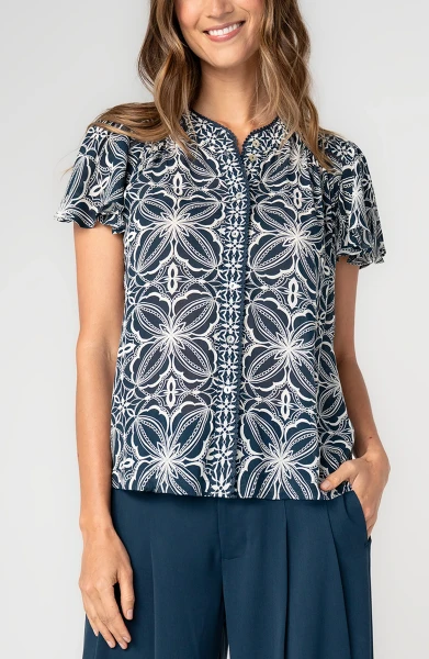 Liverpool Los Angeles Flutter Sleeve Button Front Knit Top