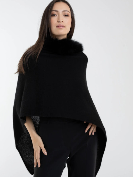Warm, elegant Claudia Nichole Fox Trim Cashmere Topper in Black 