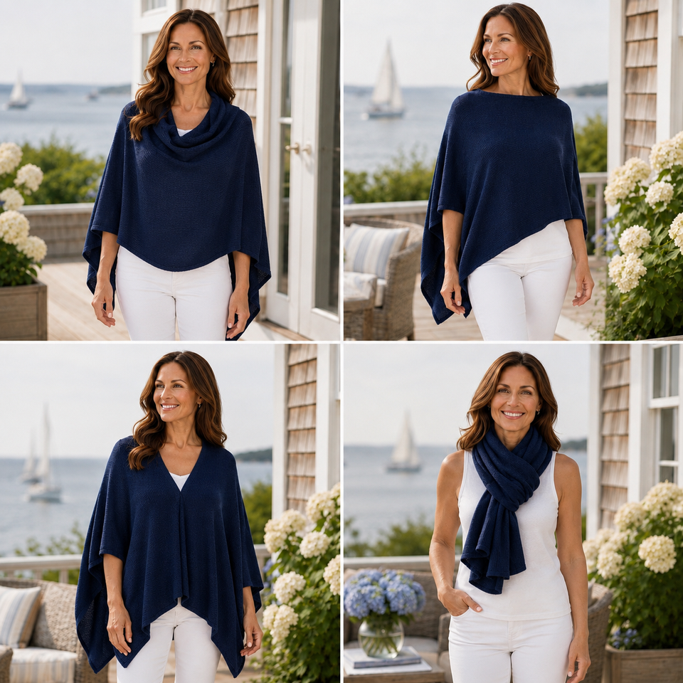 An illustration of how to wear the Claudia Nichole Cashmere 4-in-1 Topper in four different ways. Shown here in color Midnight (navy blue) 
