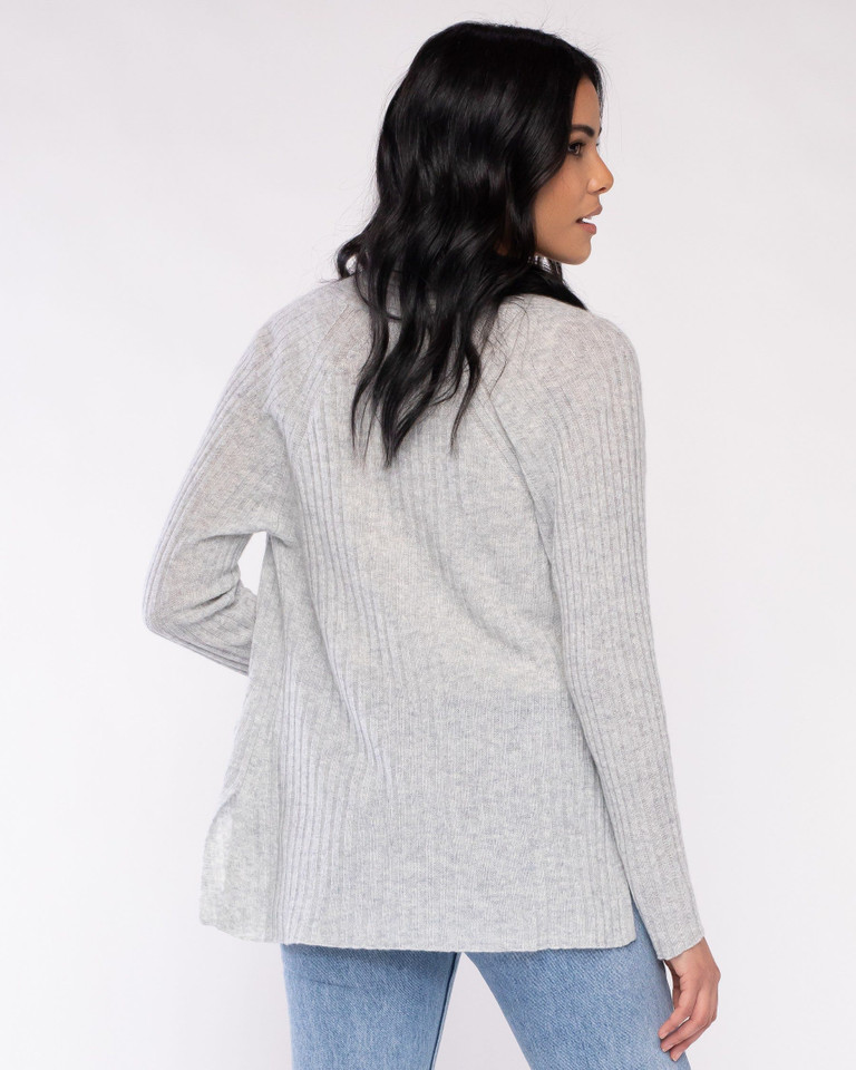 Back View of Side View of Claudia Nicole 100% Cashmere Cozy Rib Raglan Duster in Ash