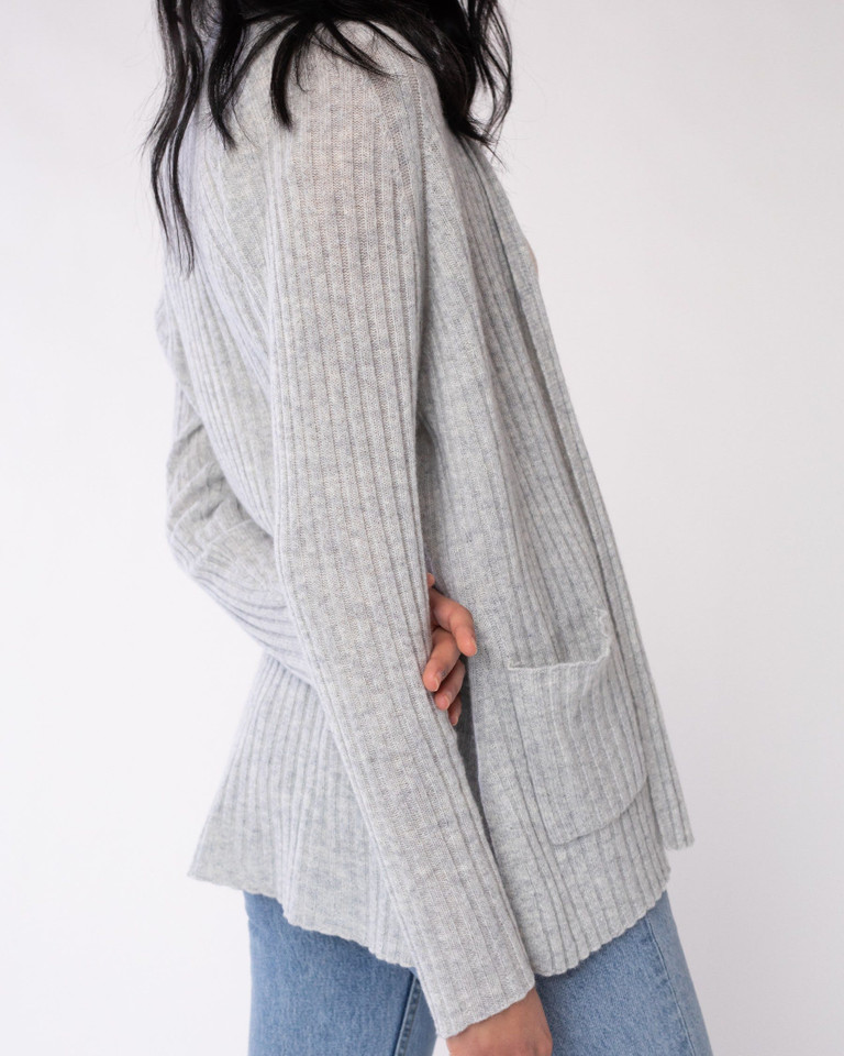 Side View of Claudia Nicole 100% Cashmere Cozy Rib Raglan Duster in Ash