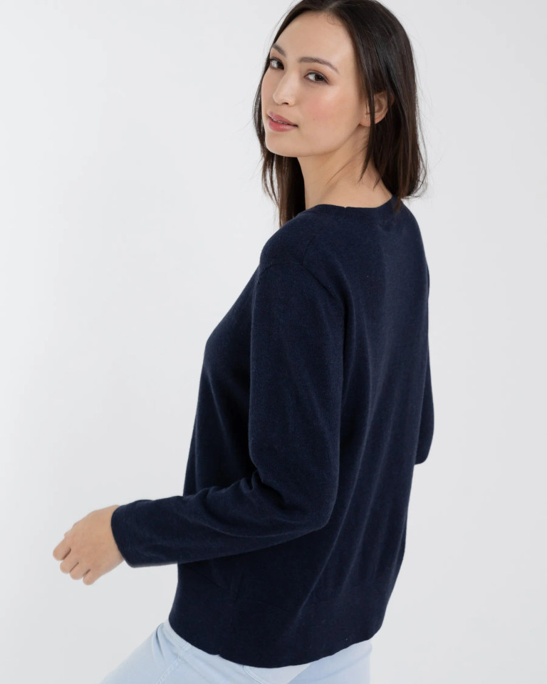 Side View of Alashan Cashmere Sanibel Cotton Cashmere Relaxed fit Sweater in Abyss