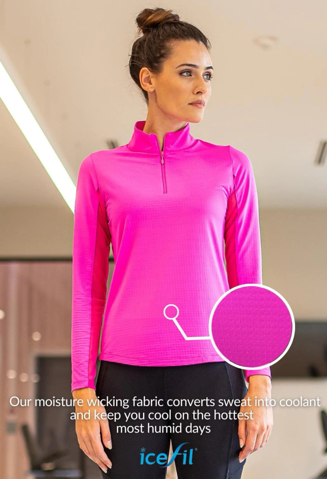 Long Sleeve Zip Mock Neck features our patented IceFil technology fabric keeps you cool on the hottest most hummed days 